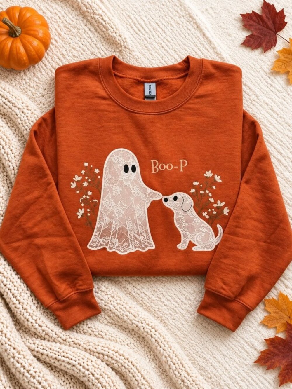 Boo-P Ghost Dog Halloween Sweatshirt Orange Unisex